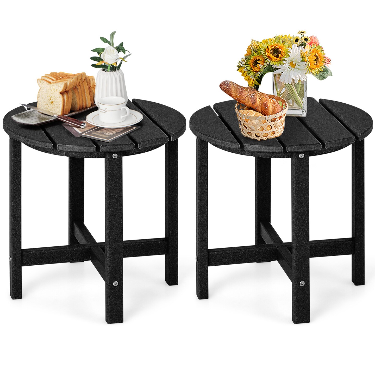 18 Inch Set of 2 Round Outdoor Adirondack Side Tables with Slatted Design and X-Shaped Structure