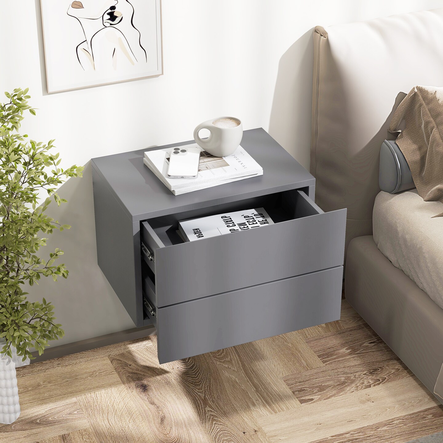 Floating Nightstand with 2 Drawers, Wall-Mounted and Modern Design
