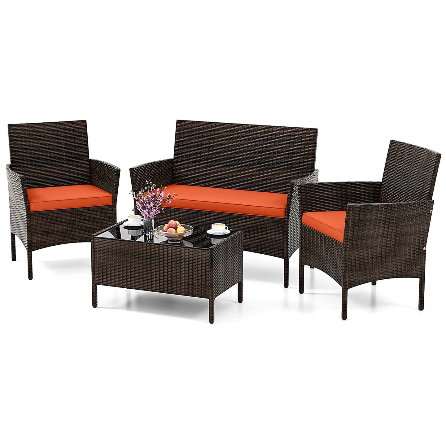 Costway 4 PCS Patio Furniture Set with Washable Cushions and Tempered Glass Coffee Table Beige/Black/Navy/Grey/Turquoise/Red/Blue/Orange