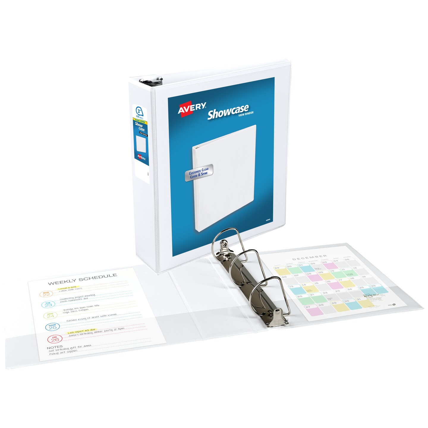 Avery® Showcase Standard View 3 Ring Binder, 3" Slant Rings, 635-Sheet Capacity, 3.5 Inch Wide Spine, 1 White Binder, Ideal for Lightweight Organization and Occasional Referencing (19751)