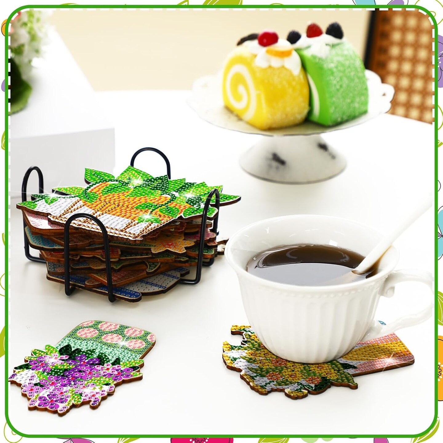 20 Pcs Spring Diamond Painting Coasters Flower Diamond Art Coasters with Holder Wooden Spring Potted Plants Diamond Coasters 5D Diamond Art Kits for Adults DIY Crafts Beginner Gifts Supplies