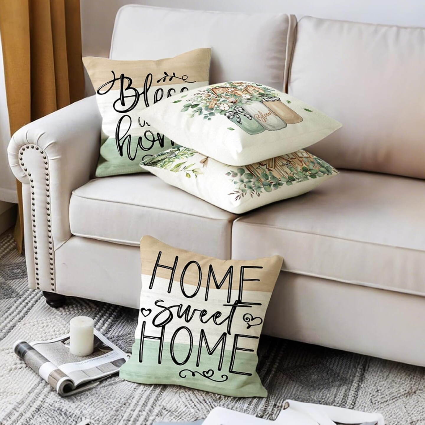 Farmhouse Spring Throw Pillows 18x18 Pillow Cover Set of 4, Colorful Plaid Bless Our Sweet Home Cottage Springtime Summer Seasonal Decorations Cushion Case for Sofa Couch Living Room