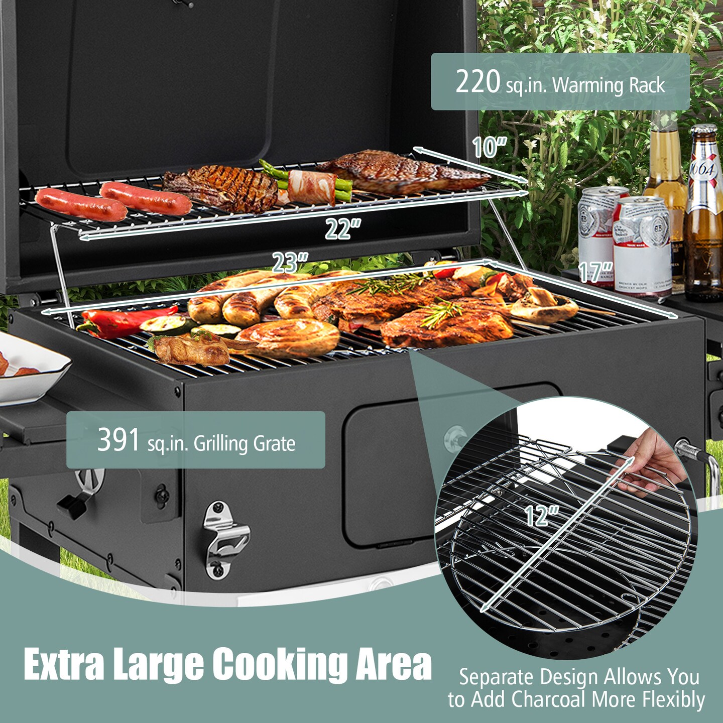 Extra Large Outdoor Charcoal Grill 611 Sq.In. Cooking Space, Adjustable Height Tray, Folding Tables