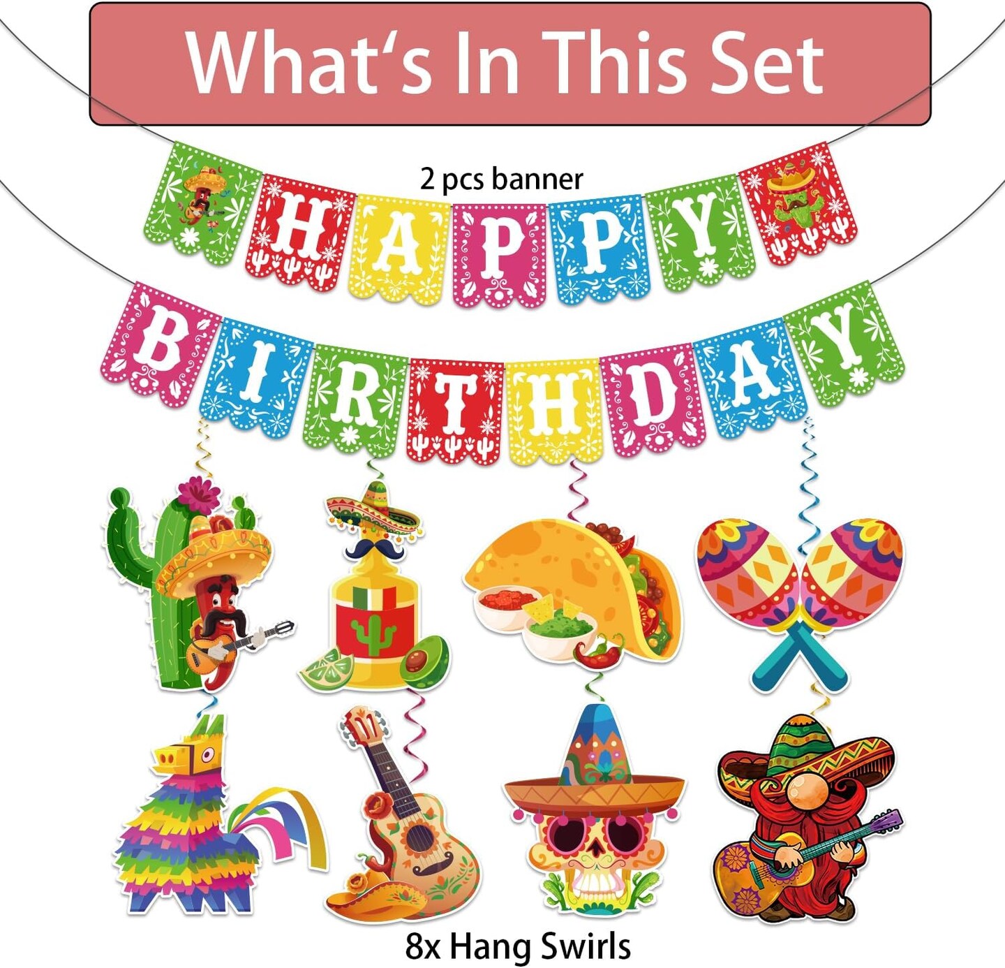 Pre-strung Taco Birthday Party Decorations, with 1pcs Fiesta Happy Birthday Banner, 8pcs Cinco De Mayo Hanging Swirls, Mexican Birthday Party Decorations, Fiesta Birthday Party Decorations