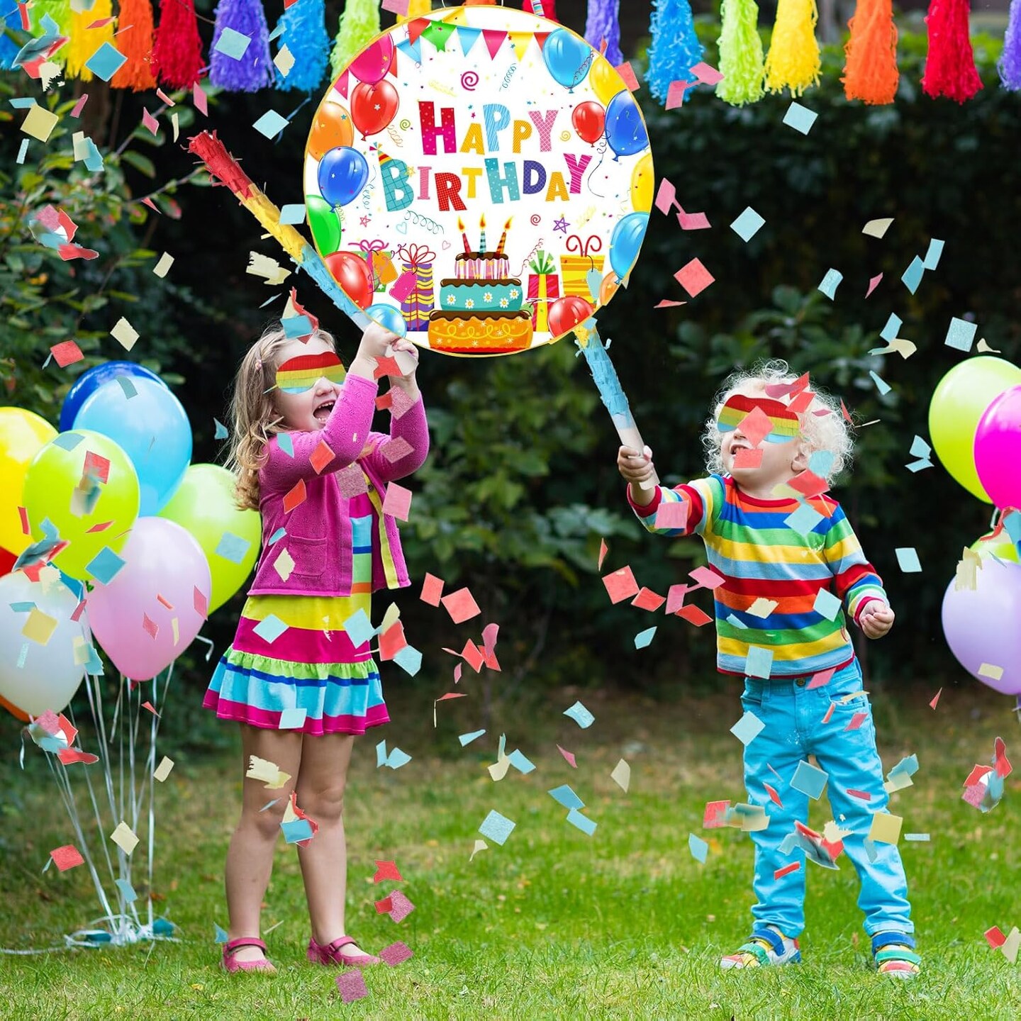 Birthday Pi&#xF1;ata Happy Birthday Pi&#xF1;ata Colorful Birthday Pi&#xF1;ata with Bat Stick Blindfold Mask and Confetti for Girl Boy Birthday Theme Party Game Supplies Decor,12.6 x 12.6 x 3 Inch