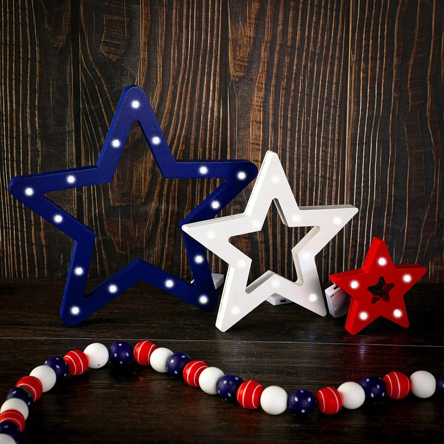 3 Pieces 4th of July Star Tabletop Decorations Patriotic Star Light up Wooden Sign Independence Day Tabletop Centerpiece Red White Blue Wood Decor for Memorial Day Tiered Tray Table Home Decor