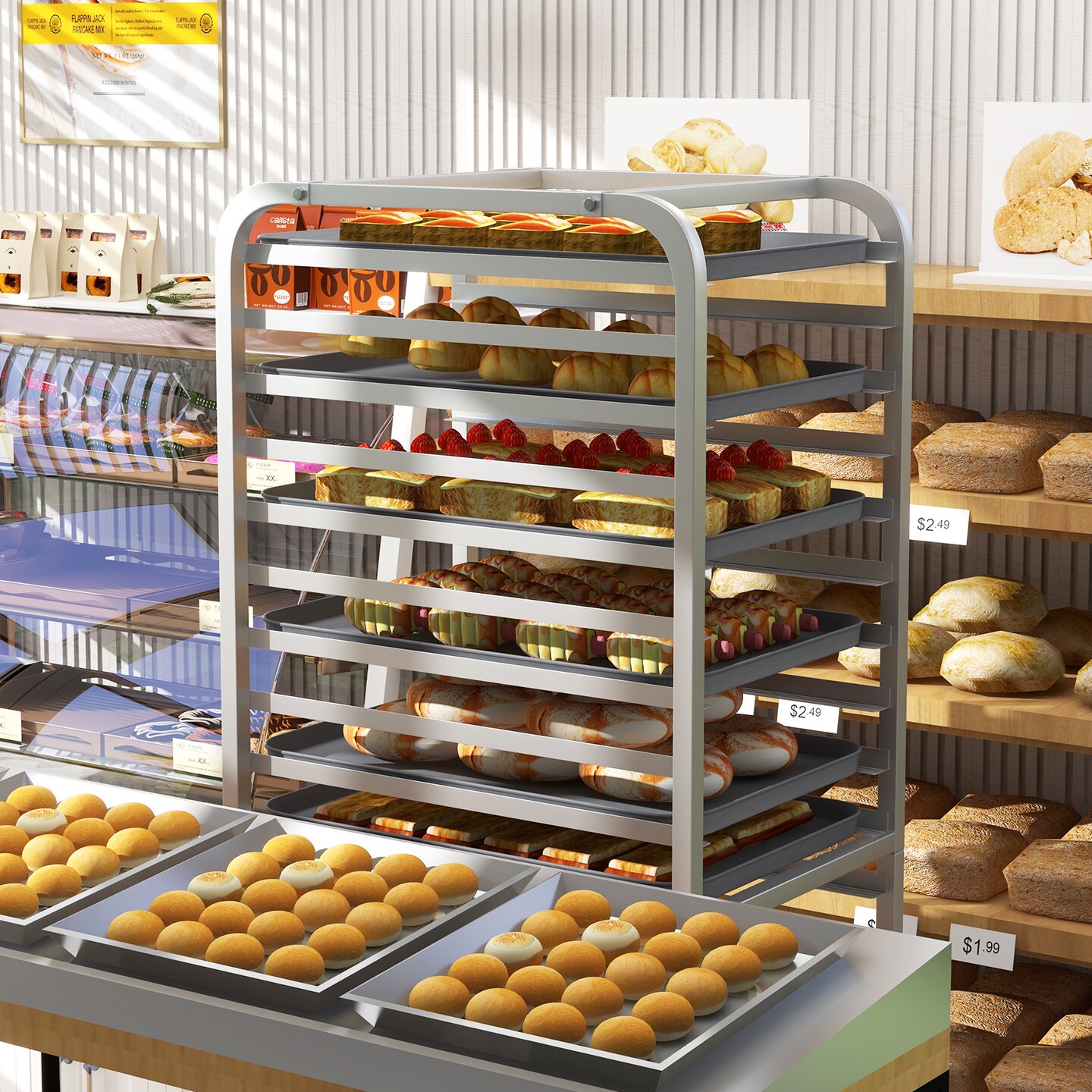 20 Tier Heavy Duty Aluminum Pan Rack Frame with Swivel 4 Wheels and Open Shelves