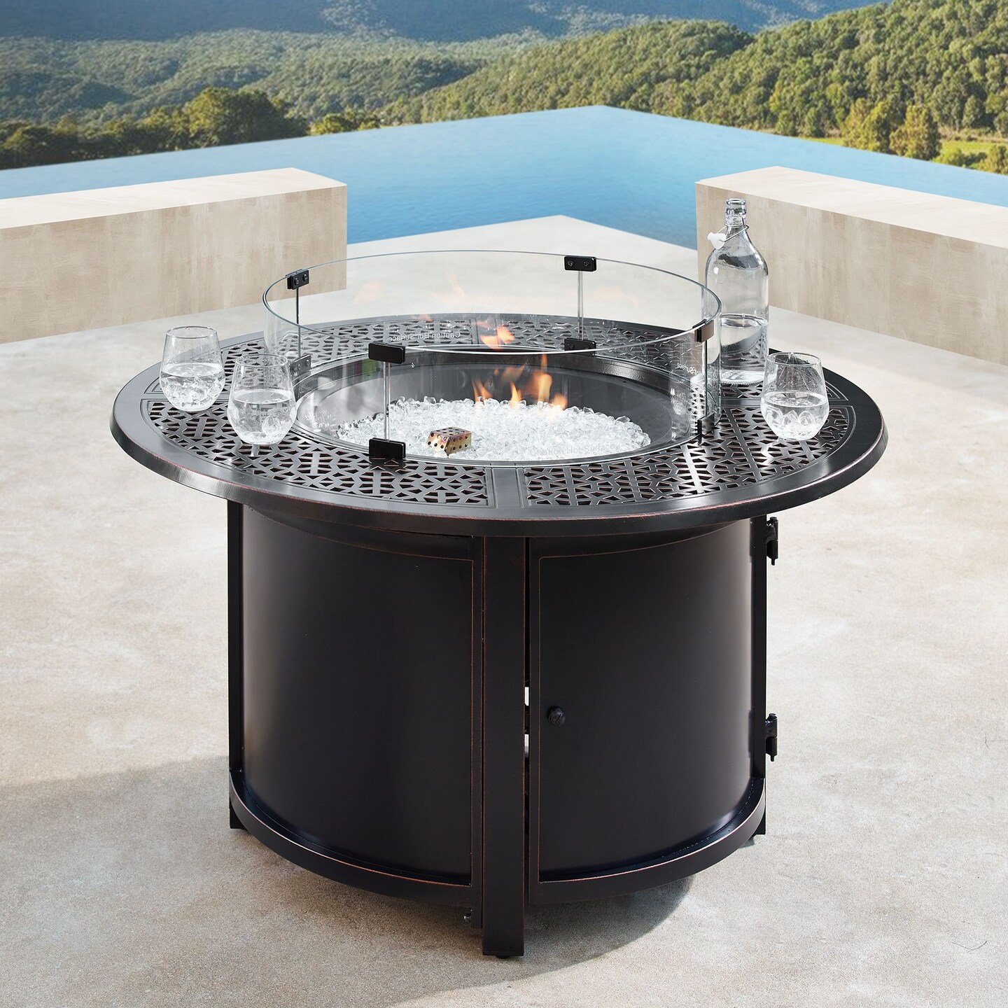 Outdoor Living and Style 44&#x22; Charcoal Black Round Propane Outdoor Fire Table with Wind Blockers
