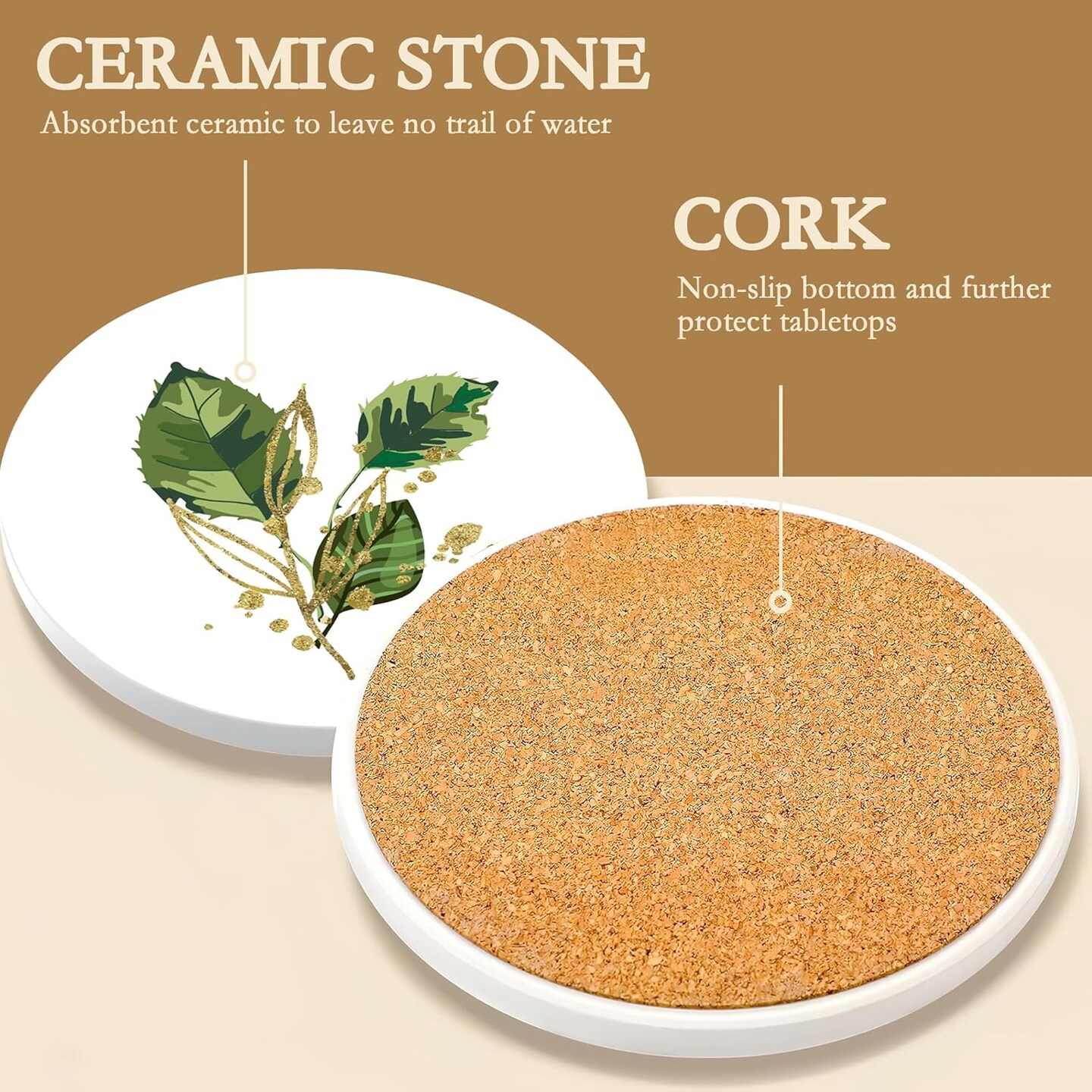 6 Pcs Green Plants Absorbent Ceramic Coasters with Cork Base