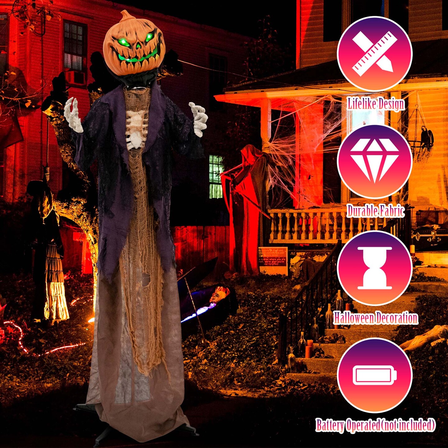 Costway 5.6 FT Halloween Animated Standing Pumpkin Scarecrow with Weird Phrases &#x26; LED Eyes