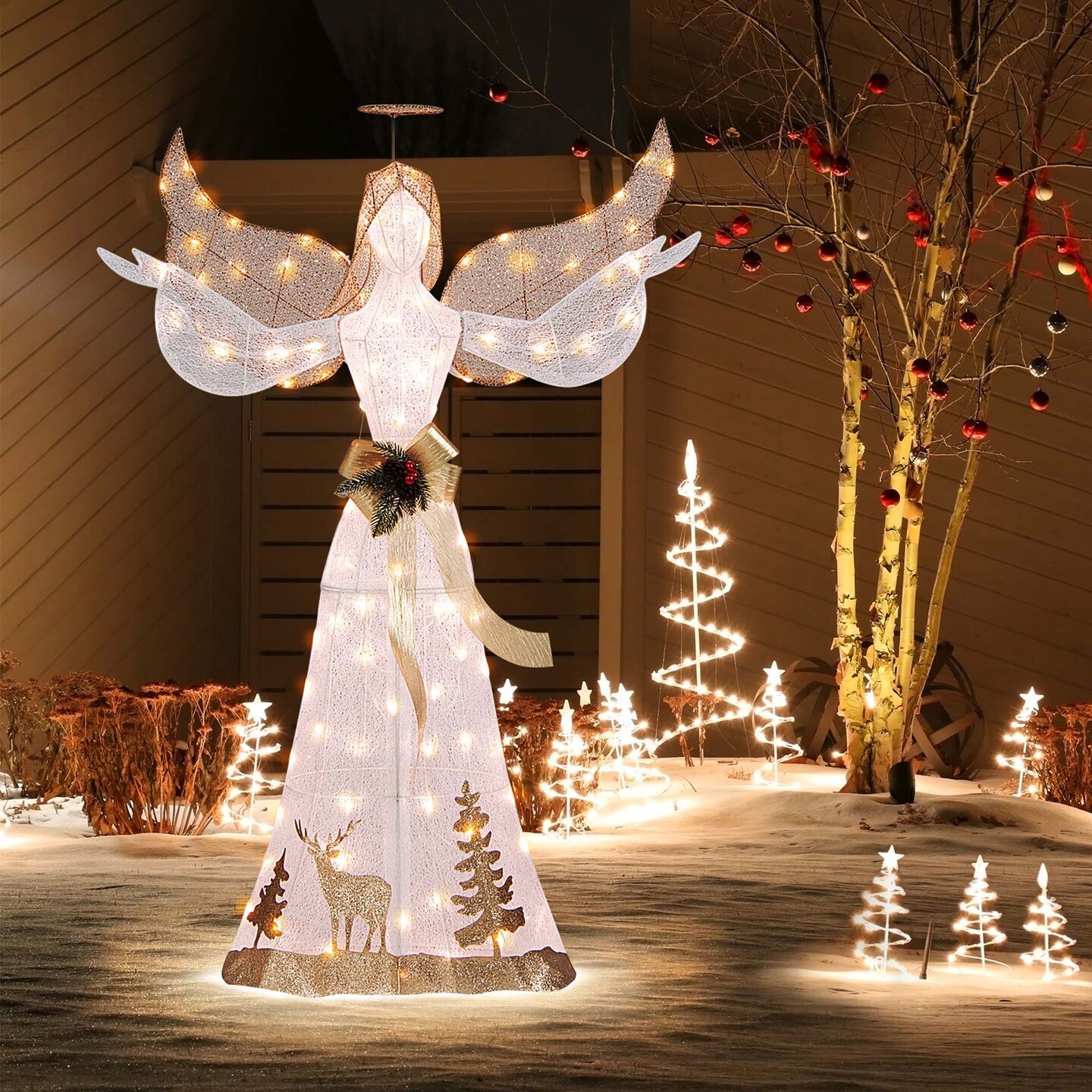 Costway 5 FT Pre-Lit Christmas Angel 3D Glittered Decoration with Halo Bow & 100 Lights