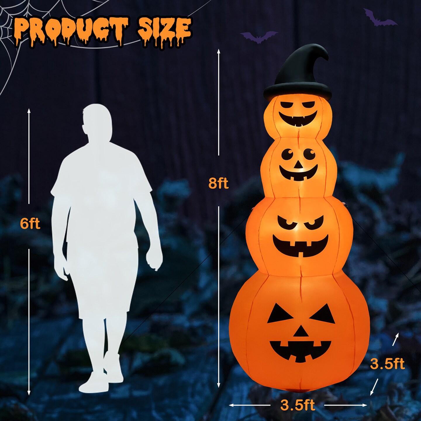 Costway 8FT Halloween Inflatable Stacked Pumpkins Blow-up Holiday Decoration w/ LED Lights