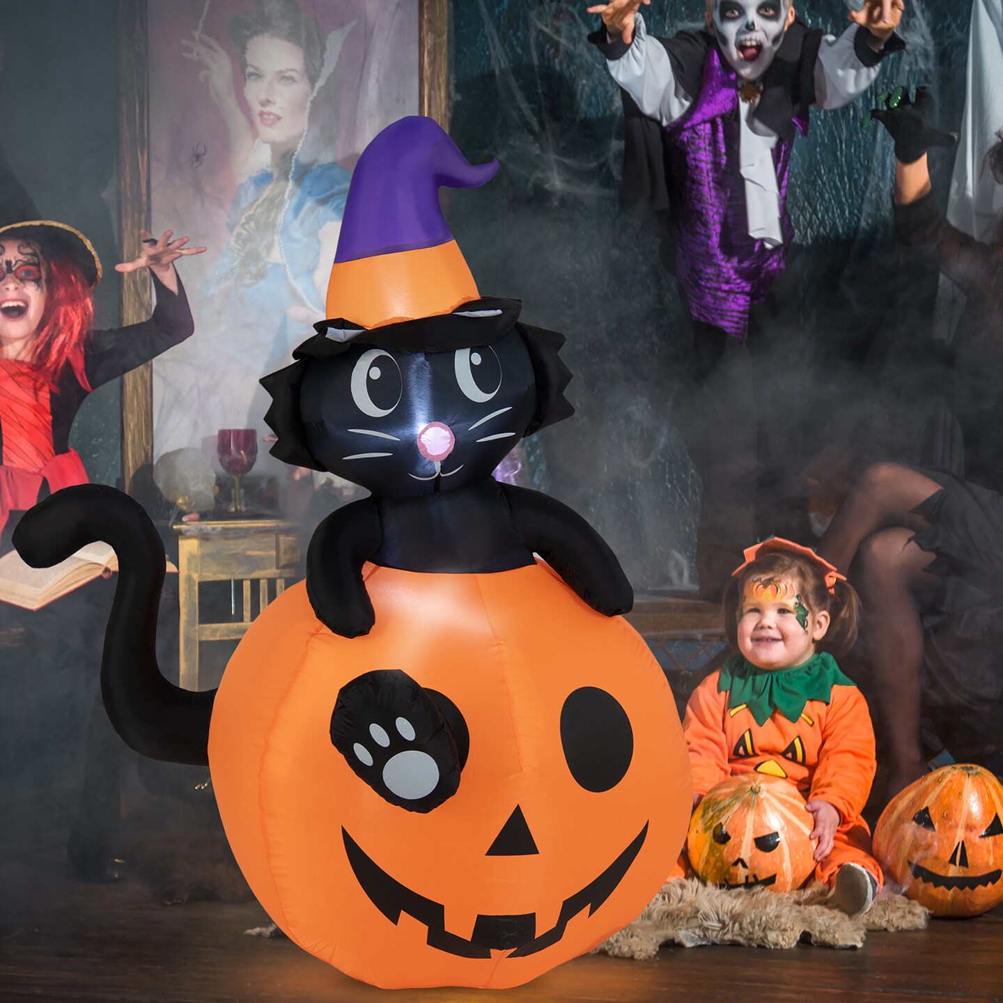 Costway 5 FT Tall Halloween Inflatable D&#xE9;cor Black Cat Sitting in Pumpkin w/ LED Lights