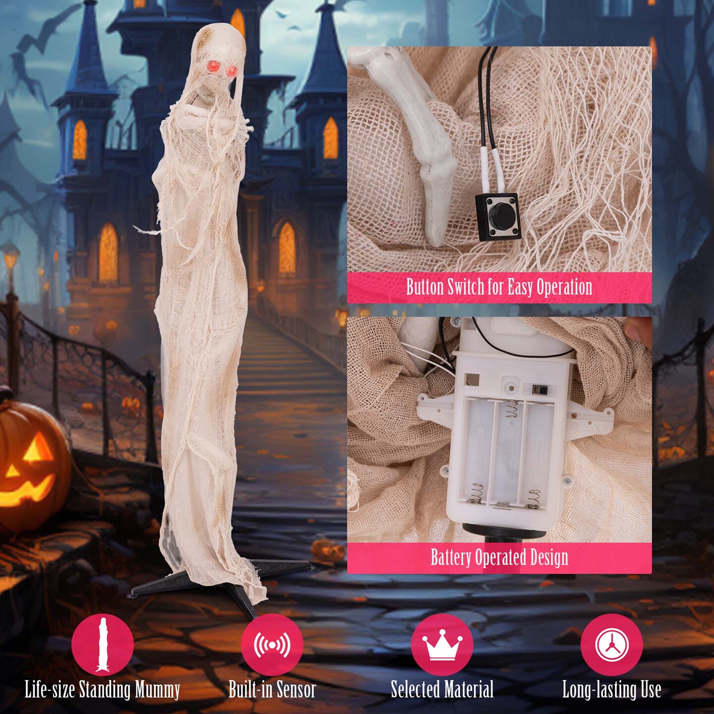 Costway 6FT Halloween Animated Standing Mummy Life Size Animatronic Mummy w/ LED Red Glowing Eyes Posable Body Sound Activation