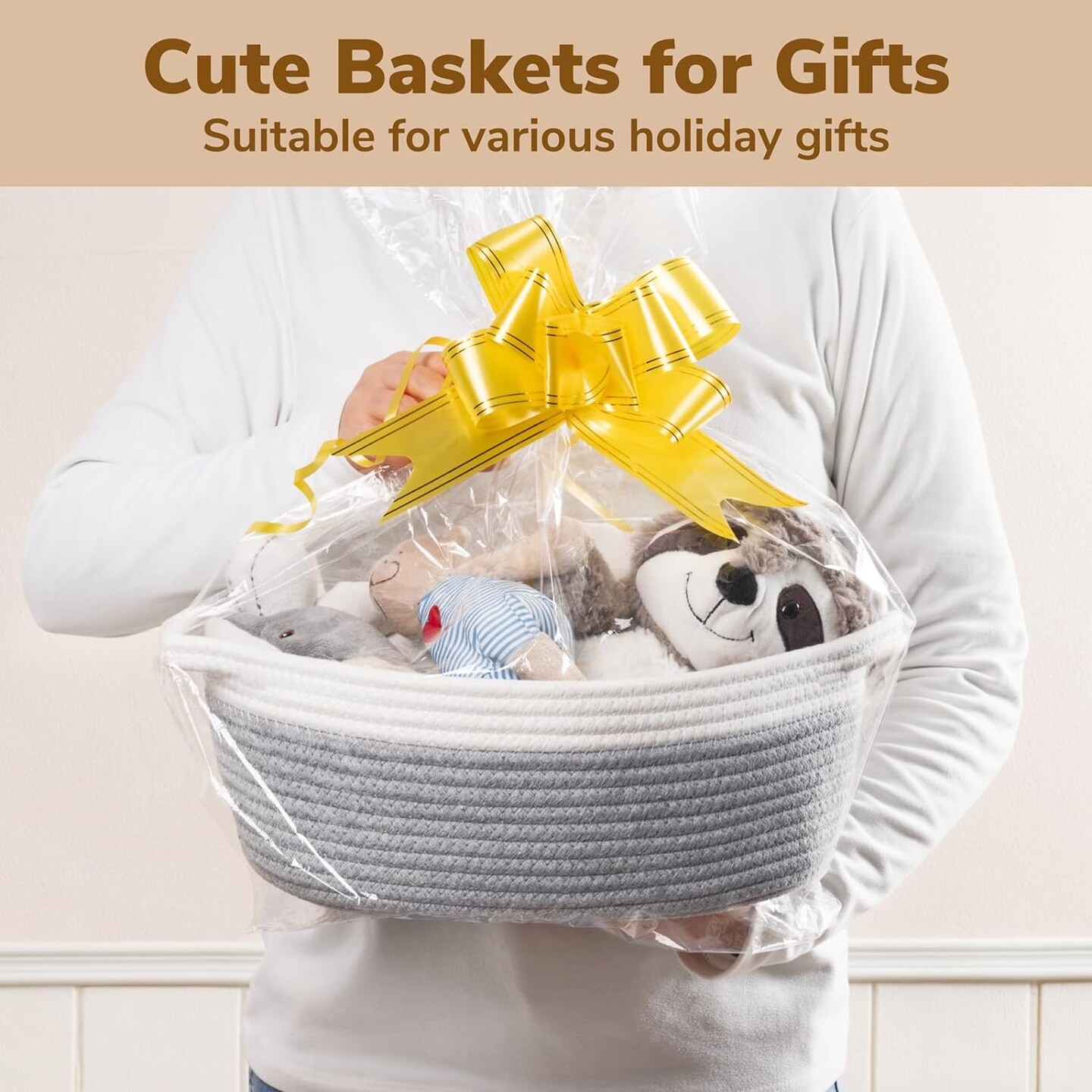 Small Woven Cotton Rope Gift Basket with Handles – Decorative Storage Basket for Easter, Baby Shower, Home Décor – 12" x 8" x 5"
