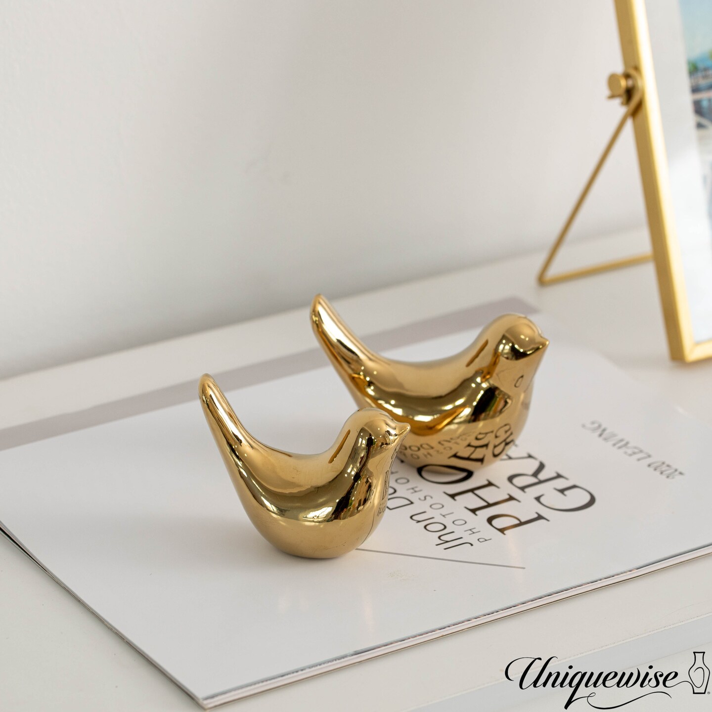 Uniquewise Set of 3 Gold Bird Figurines Elegant Home D&#xE9;cor
