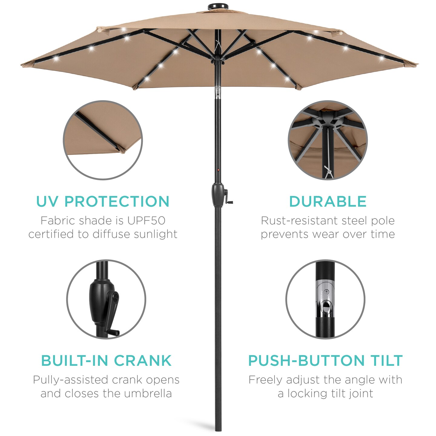Best Choice Products 7.5ft Outdoor Solar Patio Umbrella for Deck, Pool w/ Tilt, Crank, LED Lights