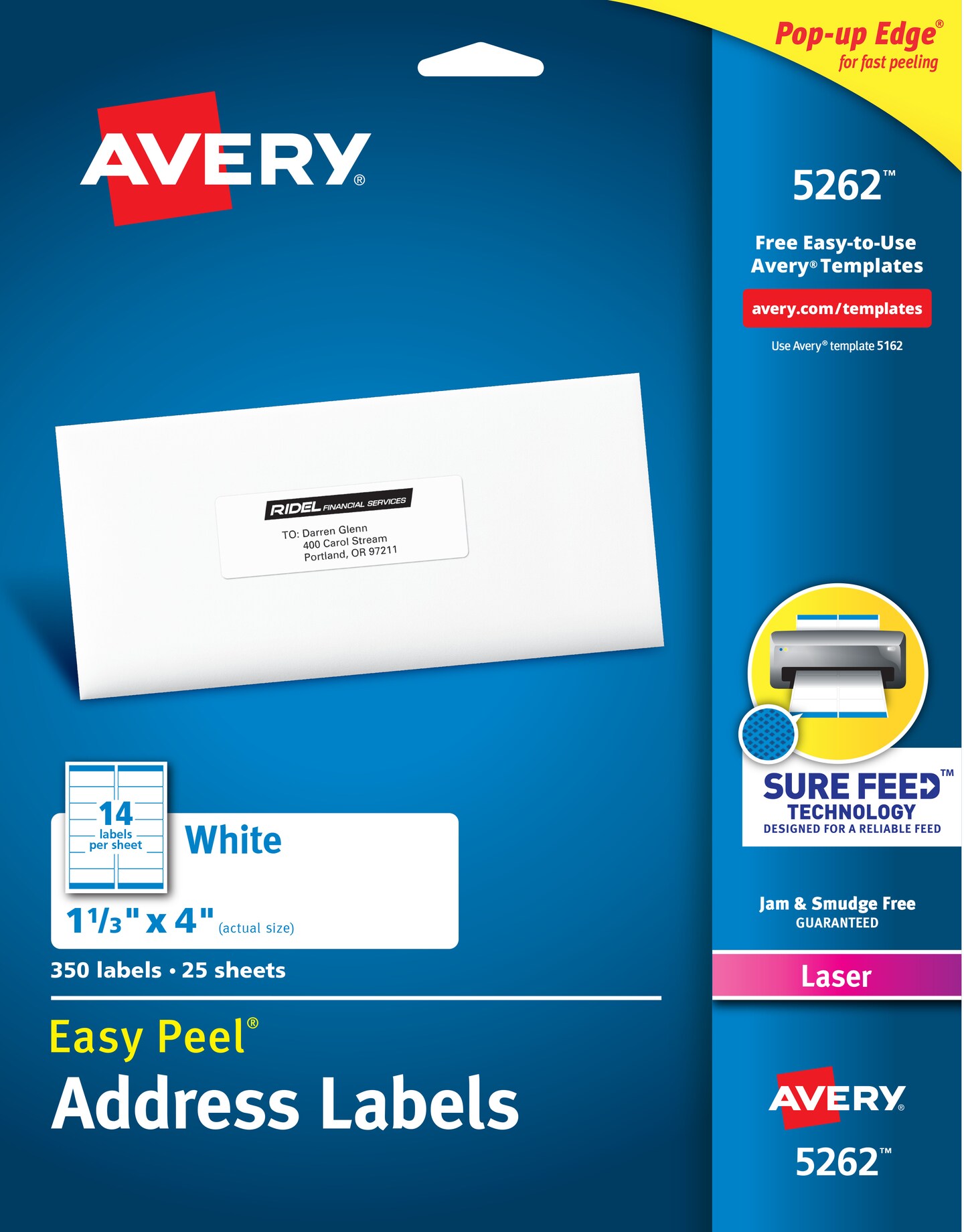 Avery Easy Peel Address Labels, Sure Feed Technology, Permanent Adhesive, 1-1/3" x 4", 350 Labels (5262)