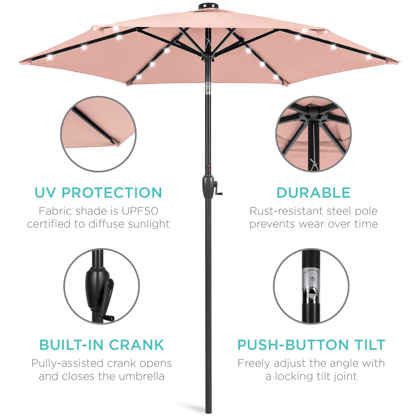Best Choice Products 7.5ft Outdoor Solar Patio Umbrella for Deck, Pool w/ Tilt, Crank, LED Lights