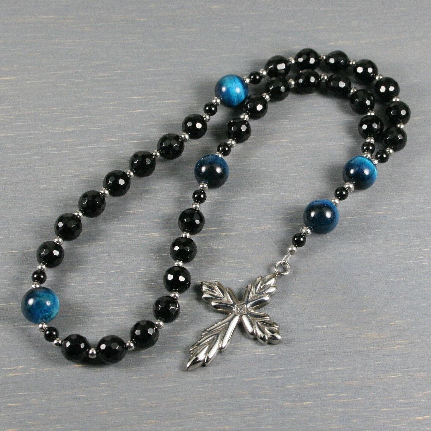 Handmade Rosary, 10mm Silver Plated Black Onyx on sale Agate Faceted Beads