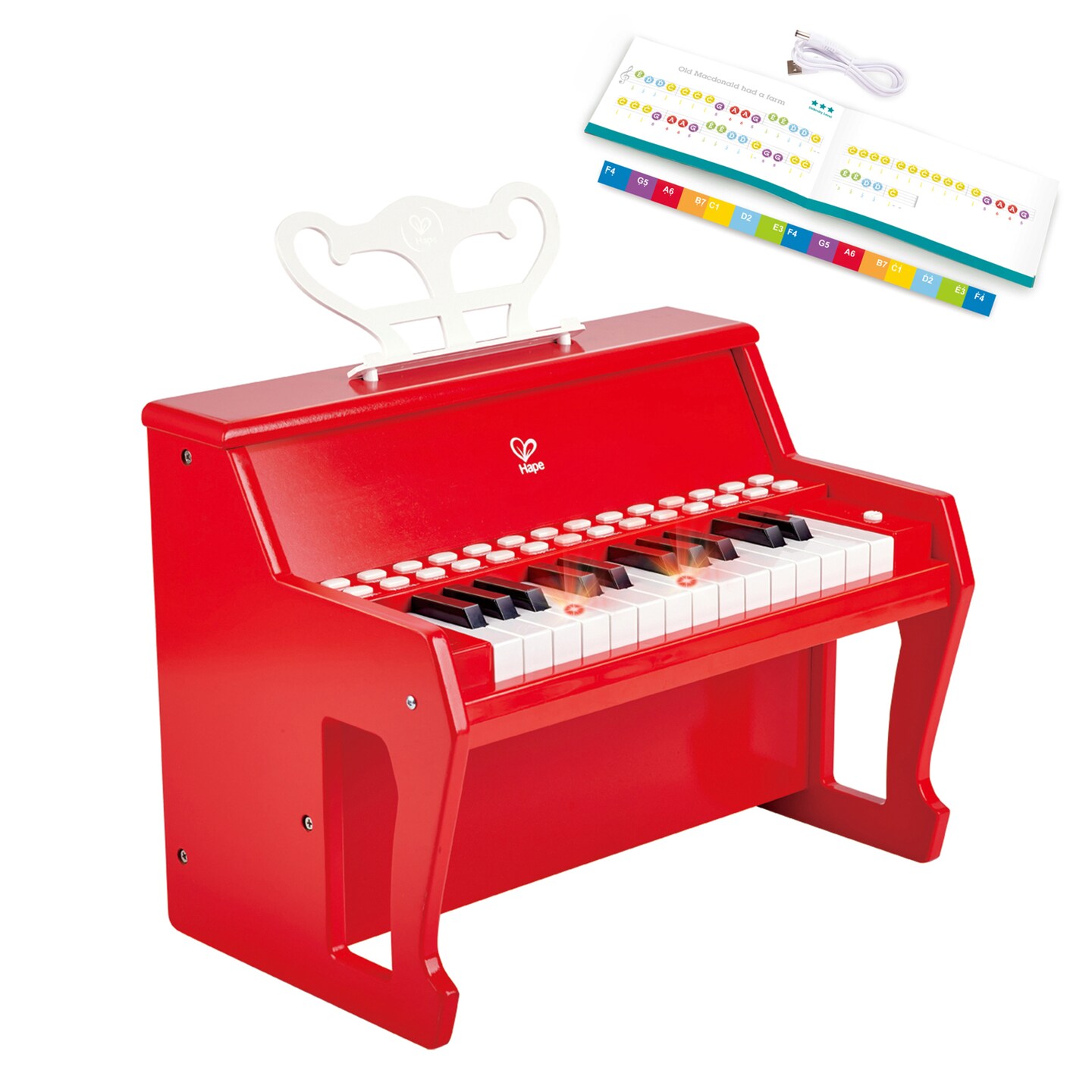 Hape Learn With Lights: Electronic Piano - Red - Kids Musical Instrument, USB or Battery Powered, 25 Key, Record Function, Toddler &#x26; Kid Ages 3+