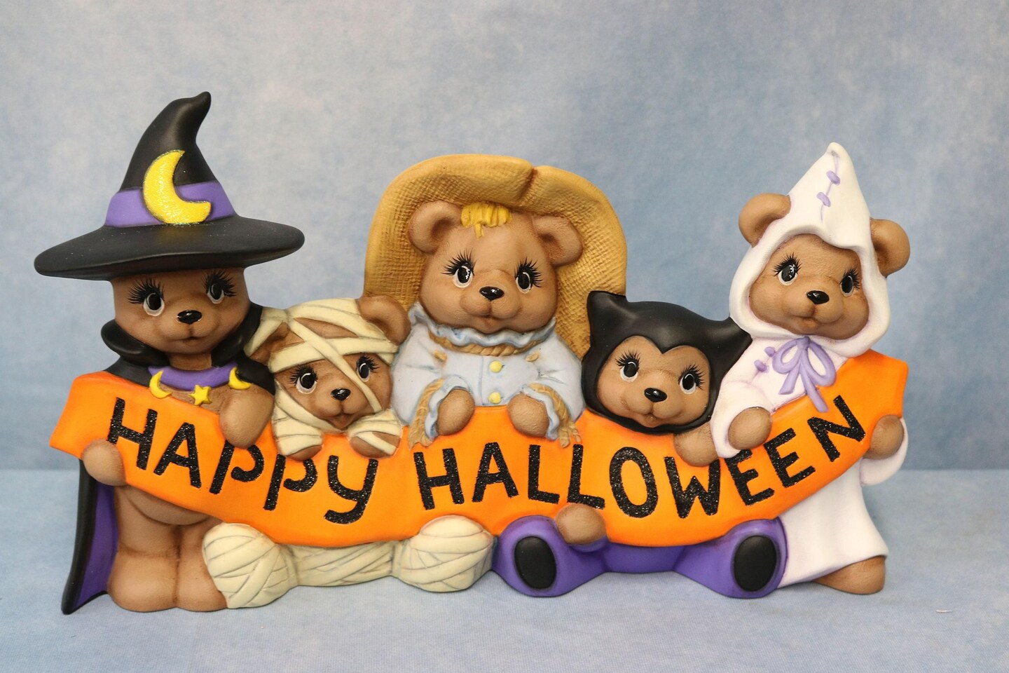 Happy Halloween Sign, Hand Painted Ceramic Bear, Bear Witch, Bear