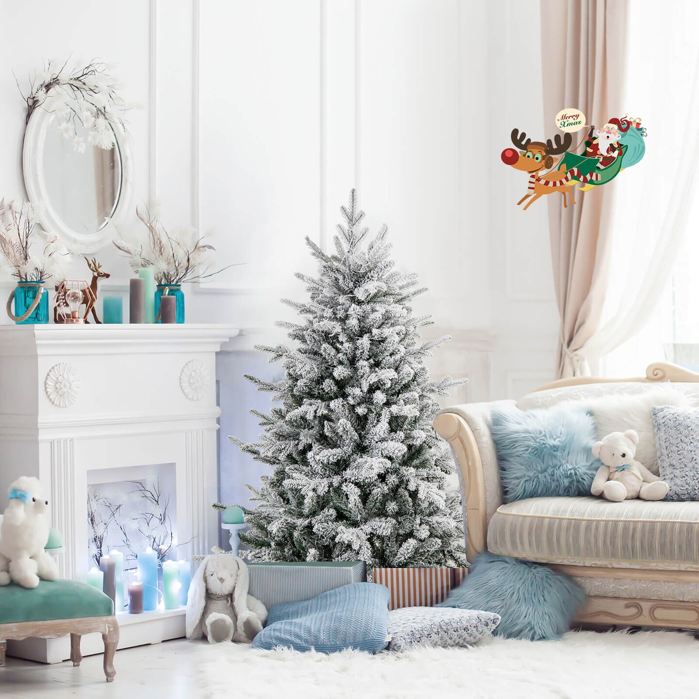 Costway 4.5/6/7 FT Flocked Christmas Tree with 8 Lighting Modes 160/260/350 Multi-Color LED Lights