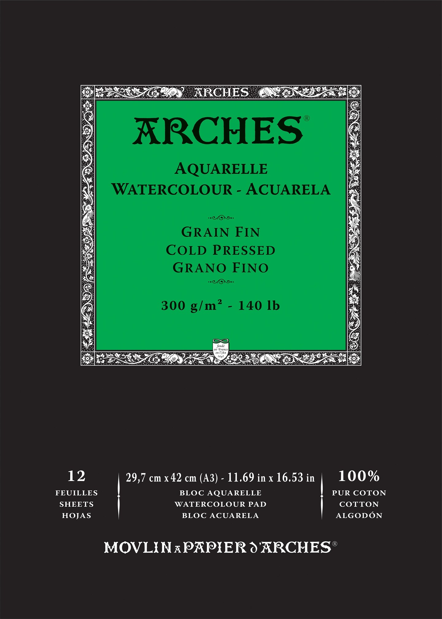 Arches Aquarelle Cold Pressed Watercolor Pad 11.69"X16.53"- 140lb, 12 Sheets