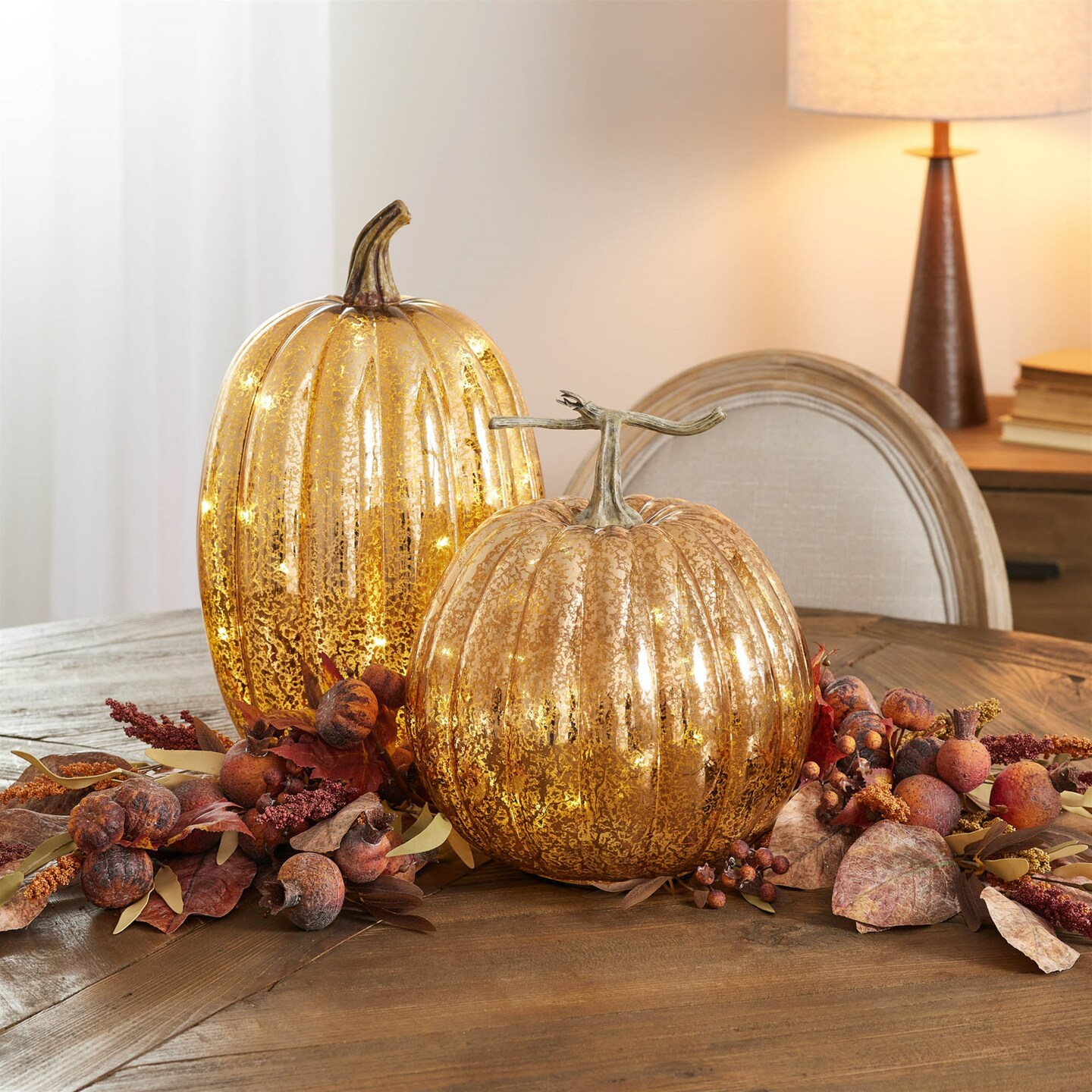 Melrose LED Mercury Glass Pumpkin Fall Harvest Decorations - 12&#x22; - Set of 2