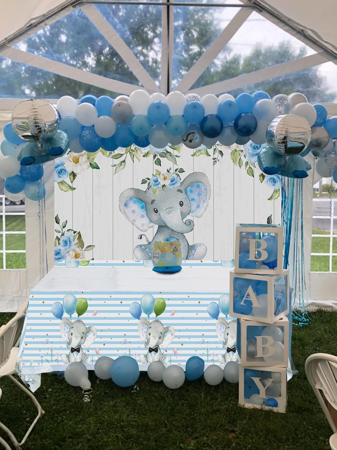 Blue Watercolor Elephant Elephant Flowers Party Backdrop Table Cover