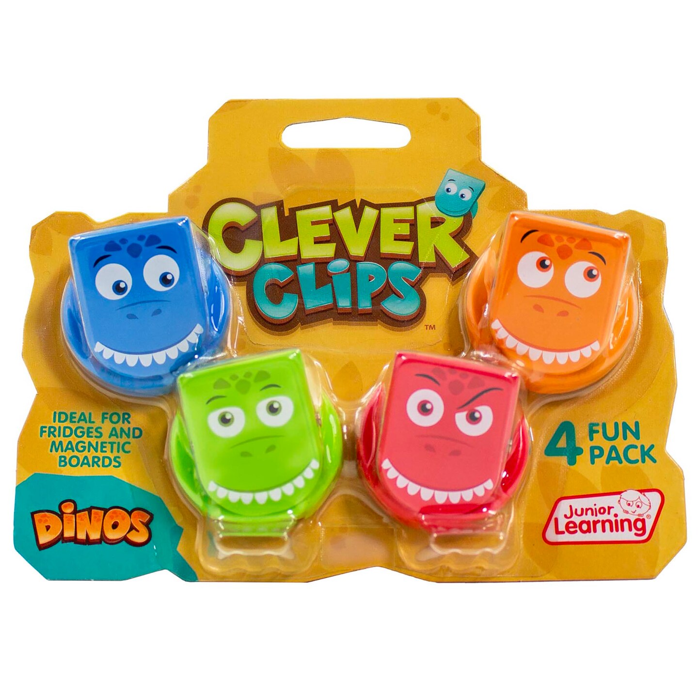 Junior Learning: Clever Clips - Dinos - 4pc Fun Pack, Strong Magnetic Back, Colorful Dinosaur Face Clips, Fridges & Magnetic Boards, Home & School