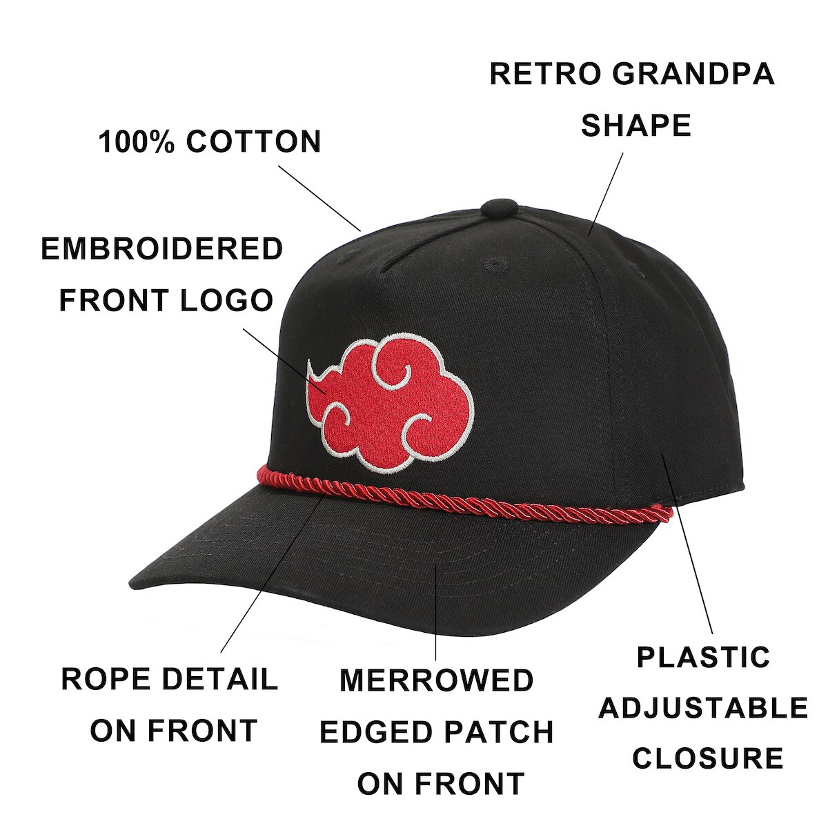 Naruto Embroidered Akatsuki Cloud Black Retro Grandpa Snapback Hat