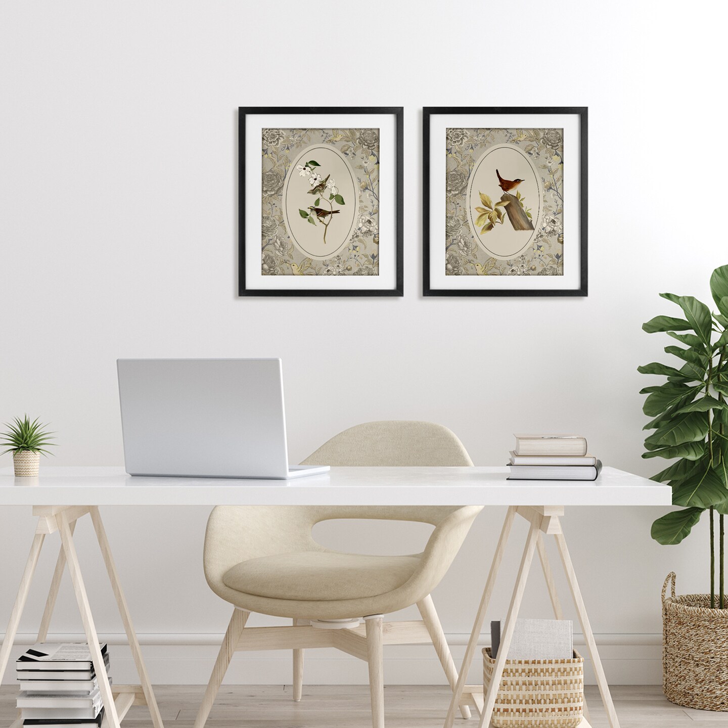 Stupell Industries Vintage Birds & Toile 2pc Framed Print Under Glass Set, design by Radhika Modi