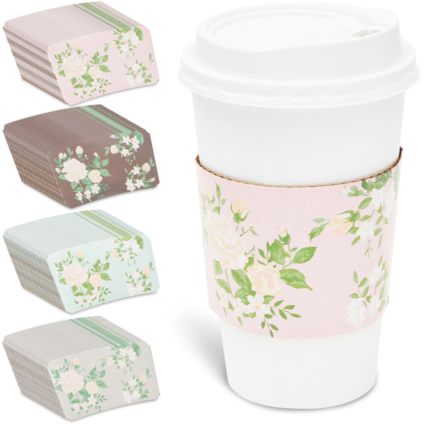 100 Pack Disposable Floral Paper Coffee Cup Sleeves, Drink Sleeves for Cups, 4 Colors (2.5 In)