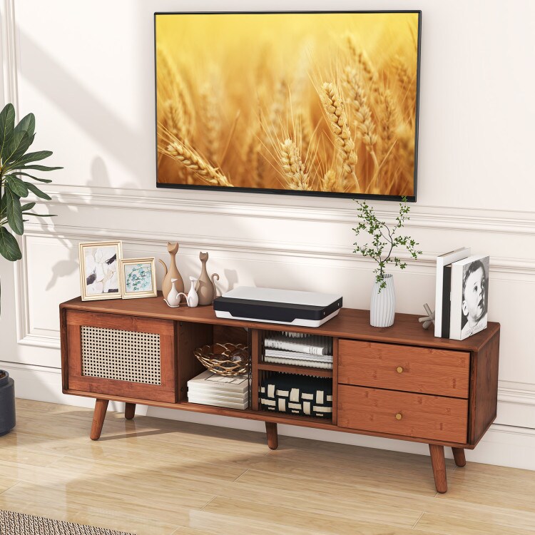 Brown Wooden TV Stand with Drawers and Adjustable Shelves Large Rattan Glass Storage Cabinet for TVs up to 65 Inches