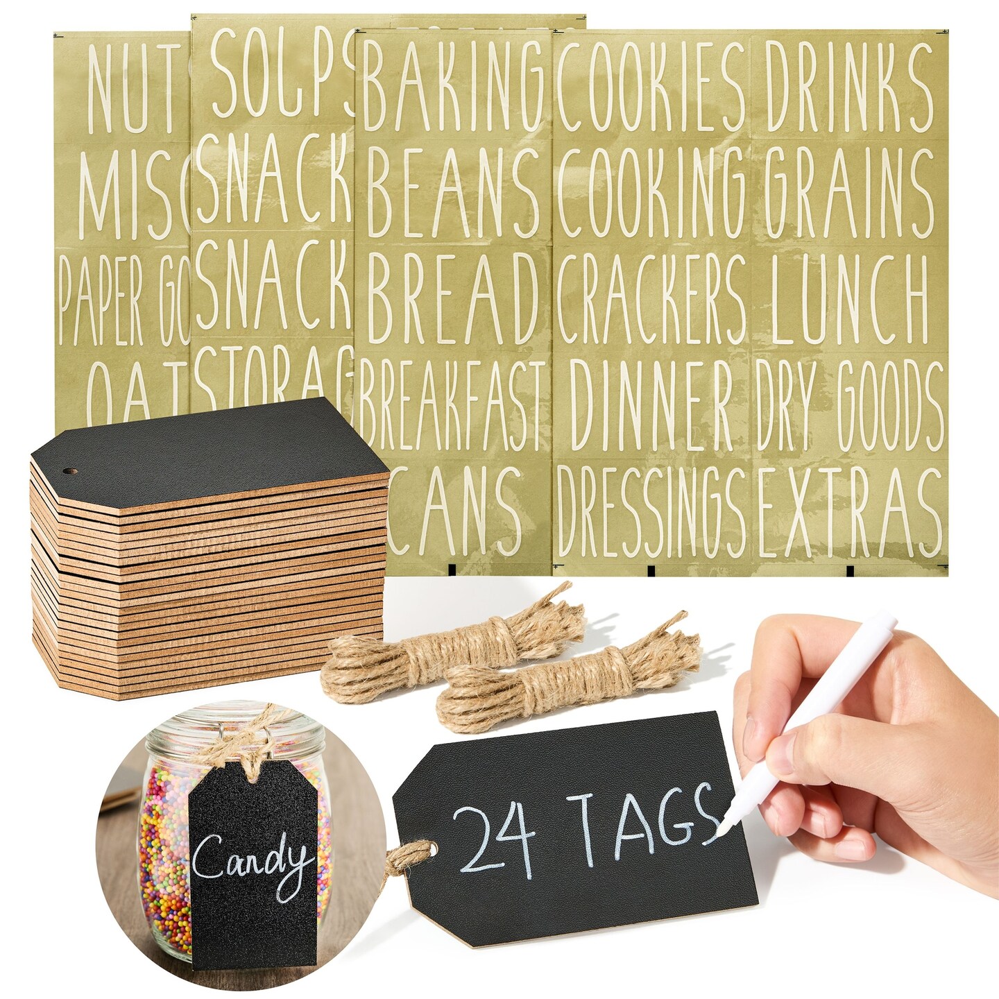 Talented Kitchen 24 Pack Black Chalkboard Wooden Hanging Tags, 4.33x2.5 Inches, Includes String, Hanging Labels for Kitchen & Pantry Organization