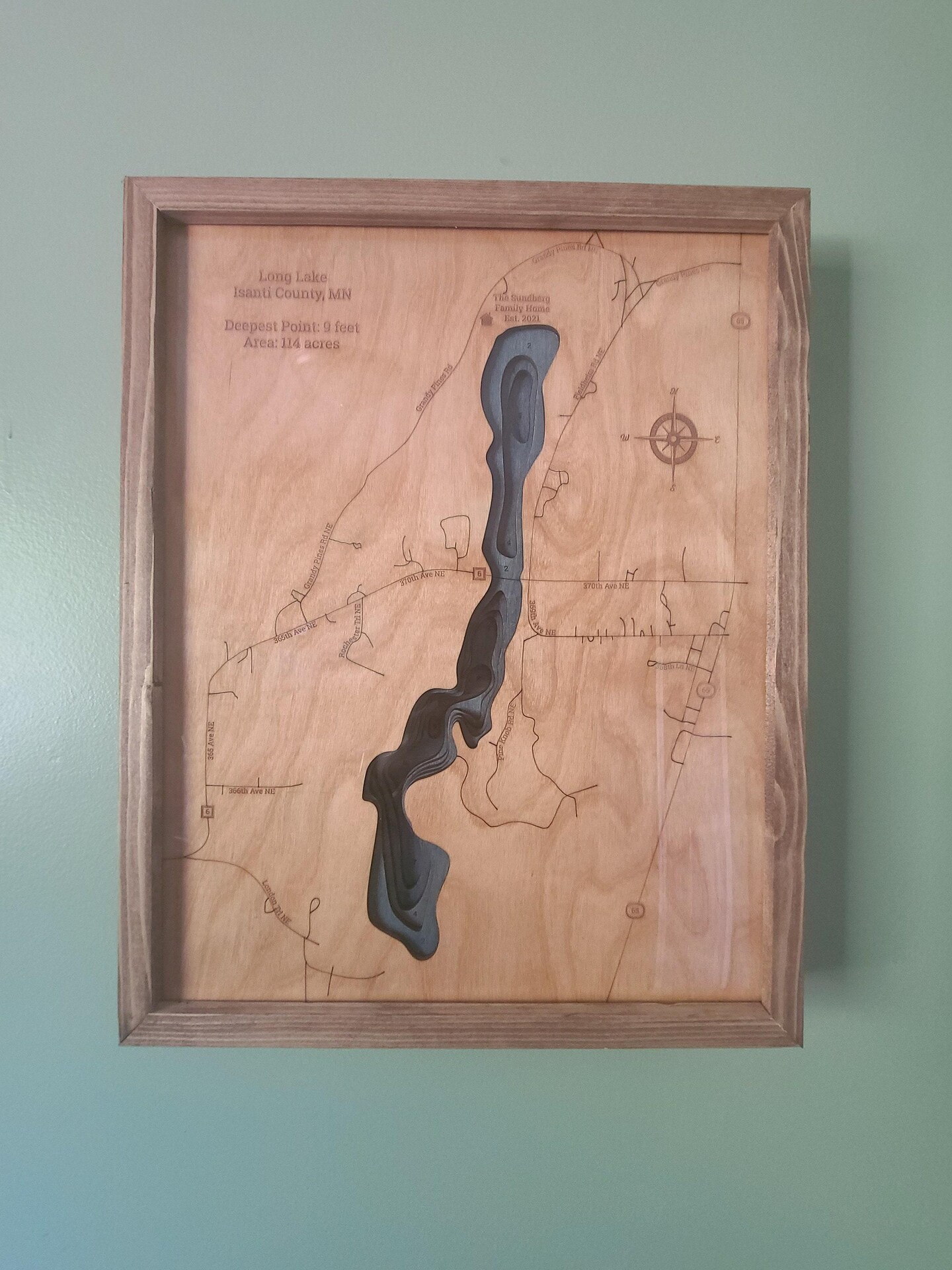 Long Lake, Isanti County, MN 3d Wood Map