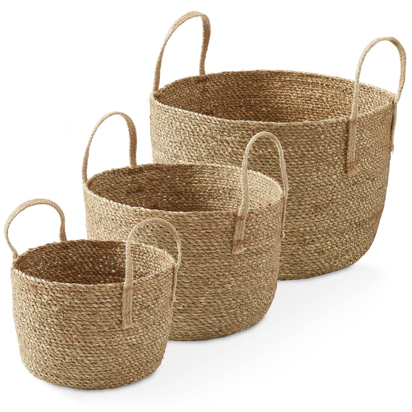 Casafield Set of 3 Braided Seagrass Baskets with Jute Handles - Natural, Woven Storage Basket Planters, Boho Decor for Entryway, Living Room, Bedroom