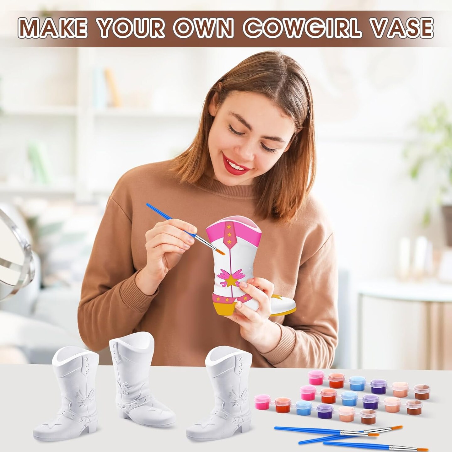 6 Set Paint Your Own Ceramic Vase Kit - Cowboy Boots