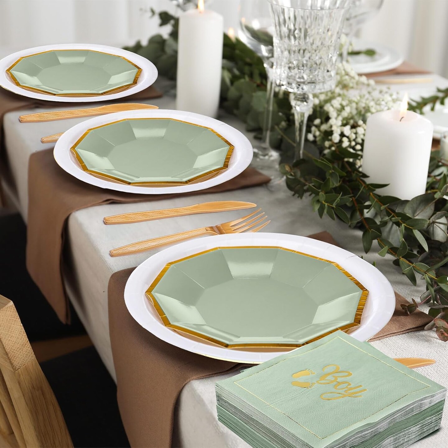 400 Pcs Baby Shower Dinnerware for 50 Guest Baby Shower,(Green,Baby Boy)