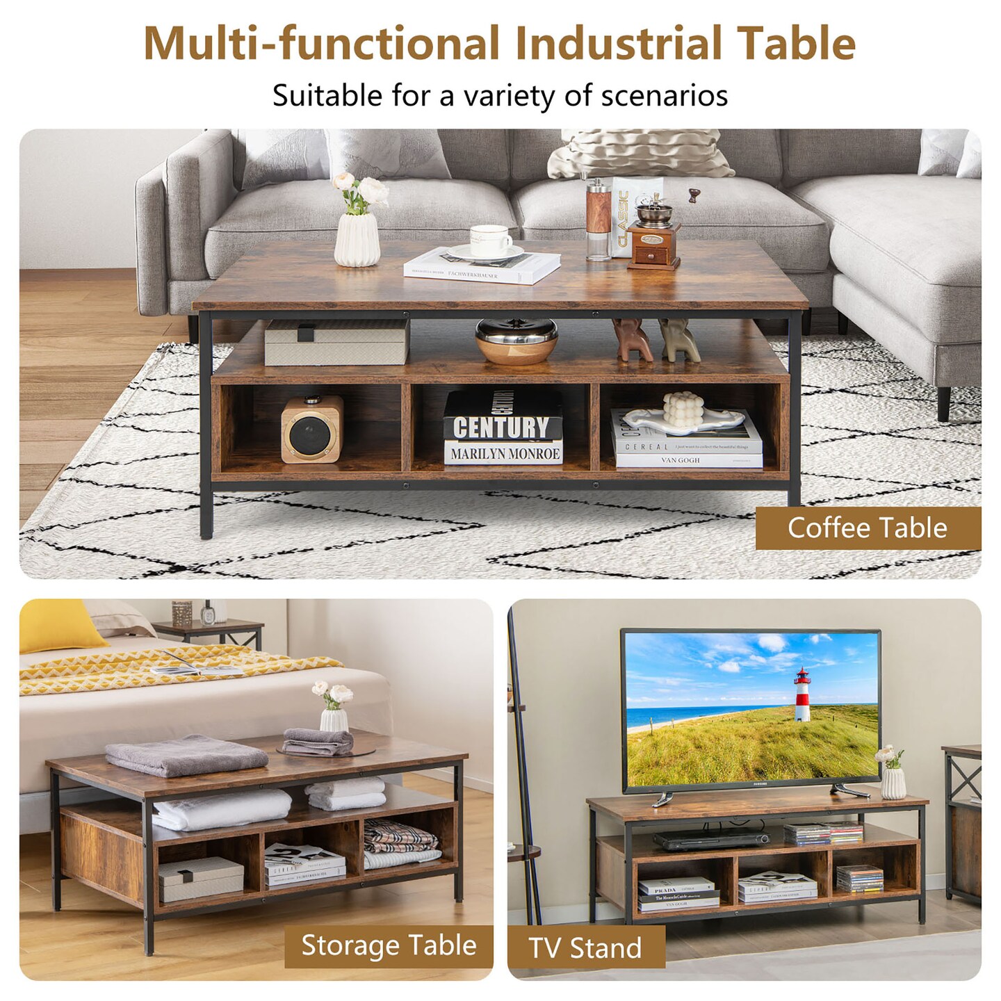 Costway Industrial Coffee Table with Open Storage Metal Frame Center Table for Living Room