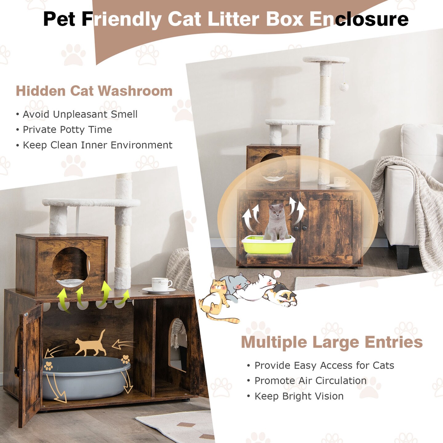 Costway 2-in-1 Wooden Litter Box Enclosure with Cat Tree Hidden Washroom Furniture White/Brown/Gray