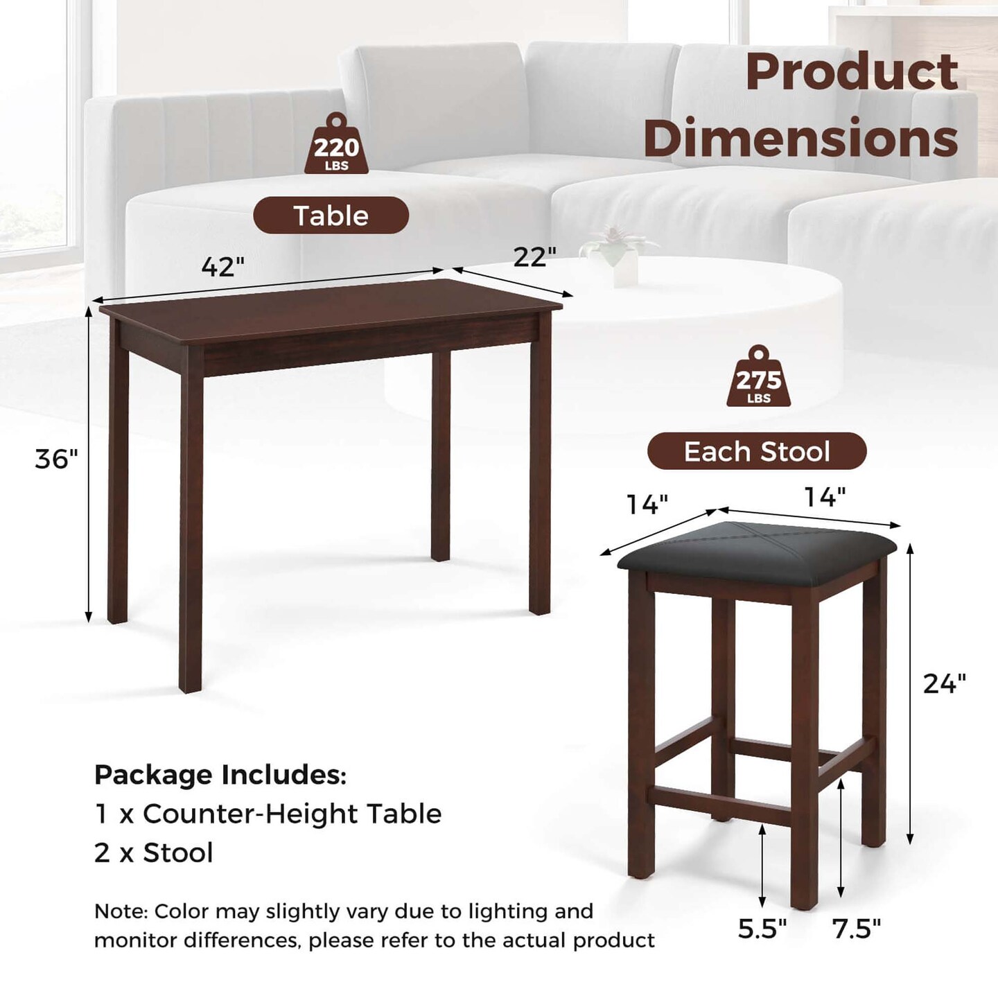 Costway 3 PCS Bar Table Set Dining Table &#x26; 2 PVC Leather Upholstered Bar Stools Rustic Brown/White