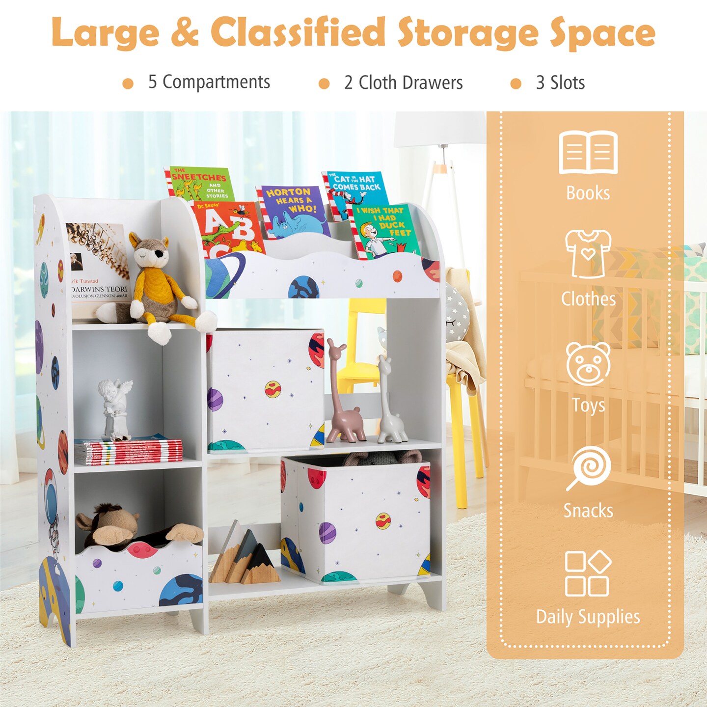 Costway Kids Toy and Book Organizer Children Wooden Storage Cabinet w/ Storage Bins