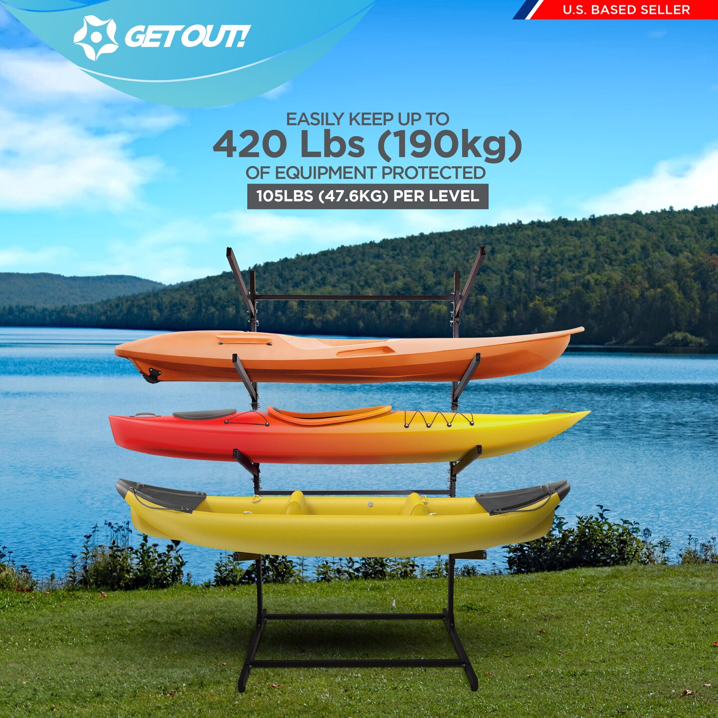 Get Out! Kayak Stand 420lb - 4 Tier Free Standing Paddle Board Dock Storage Rack