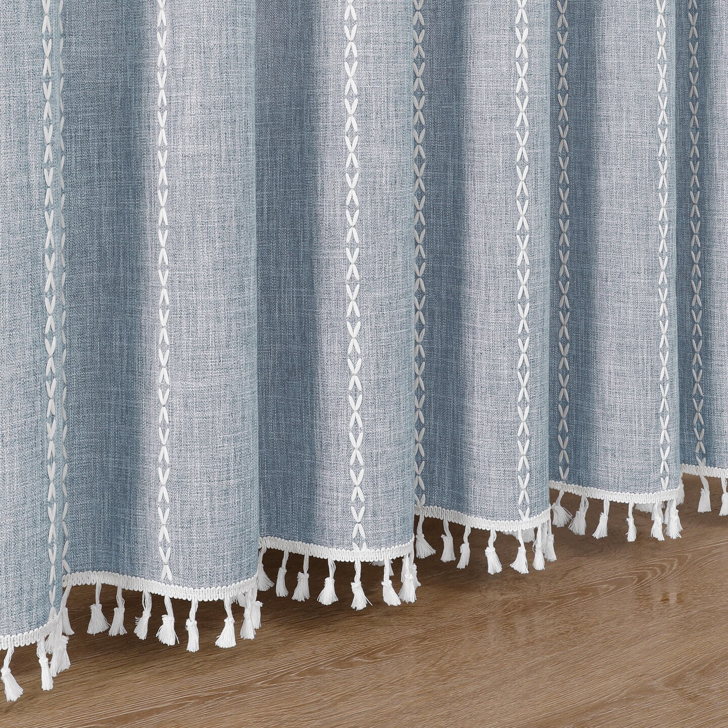 Americanflat 71x71 Woven Linen Shower Curtain with Tassel Accents - Includes 12 Grommets and Hooks - 100% Polyester