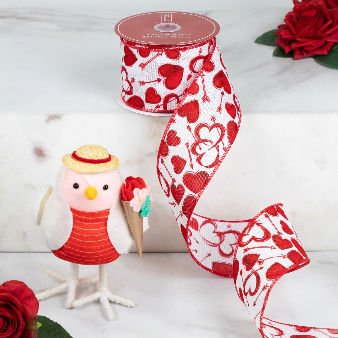 Northlight Hearts Valentine's Day Wired Craft Ribbon - 2.5" x 10 Yards - White and Red