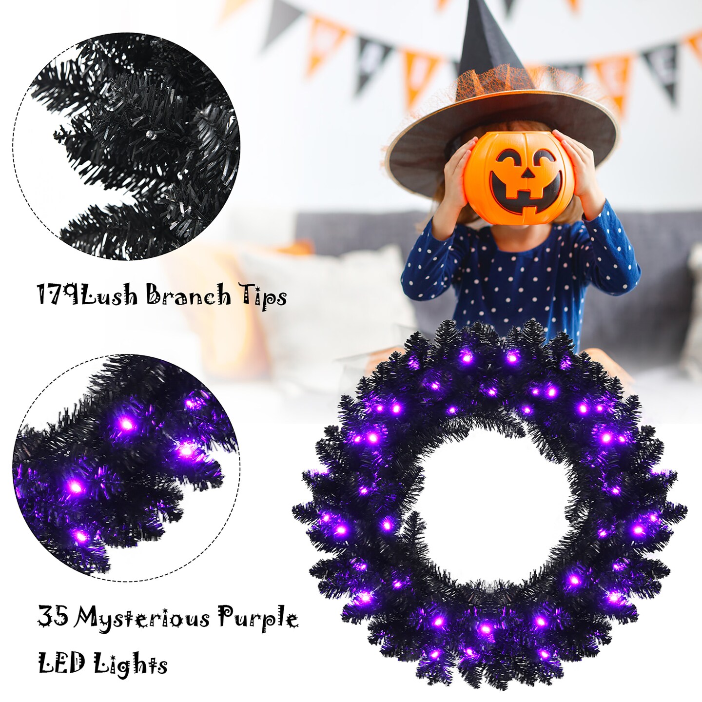 Costway 24inch Pre-lit Christmas Halloween Wreath Black w/ 35 Purple LED Lights