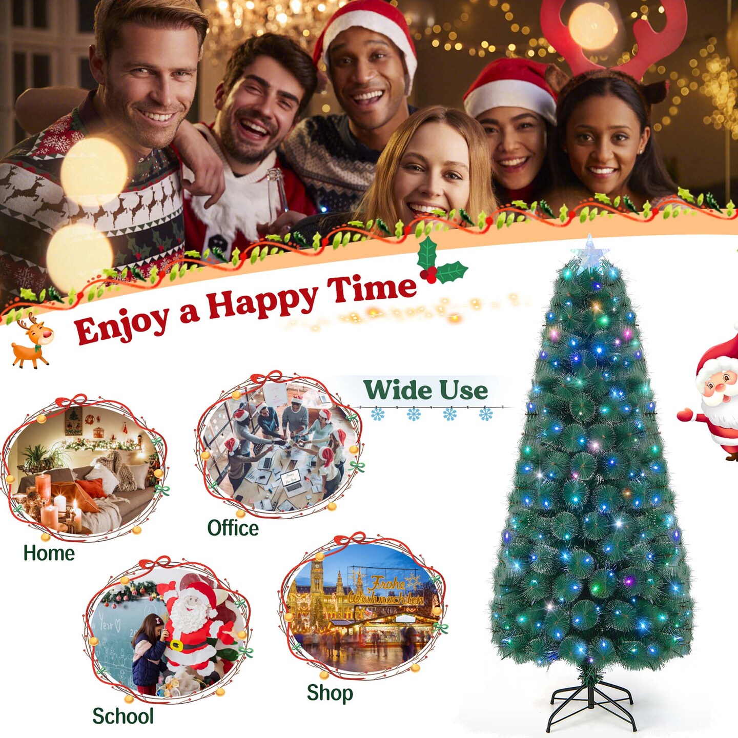 Costway 5FT/6FT/7FT Pre-Lit Fiber Optic Christmas Tree Xmas Decor with 148/185/226 Multi-Color LED Lights
