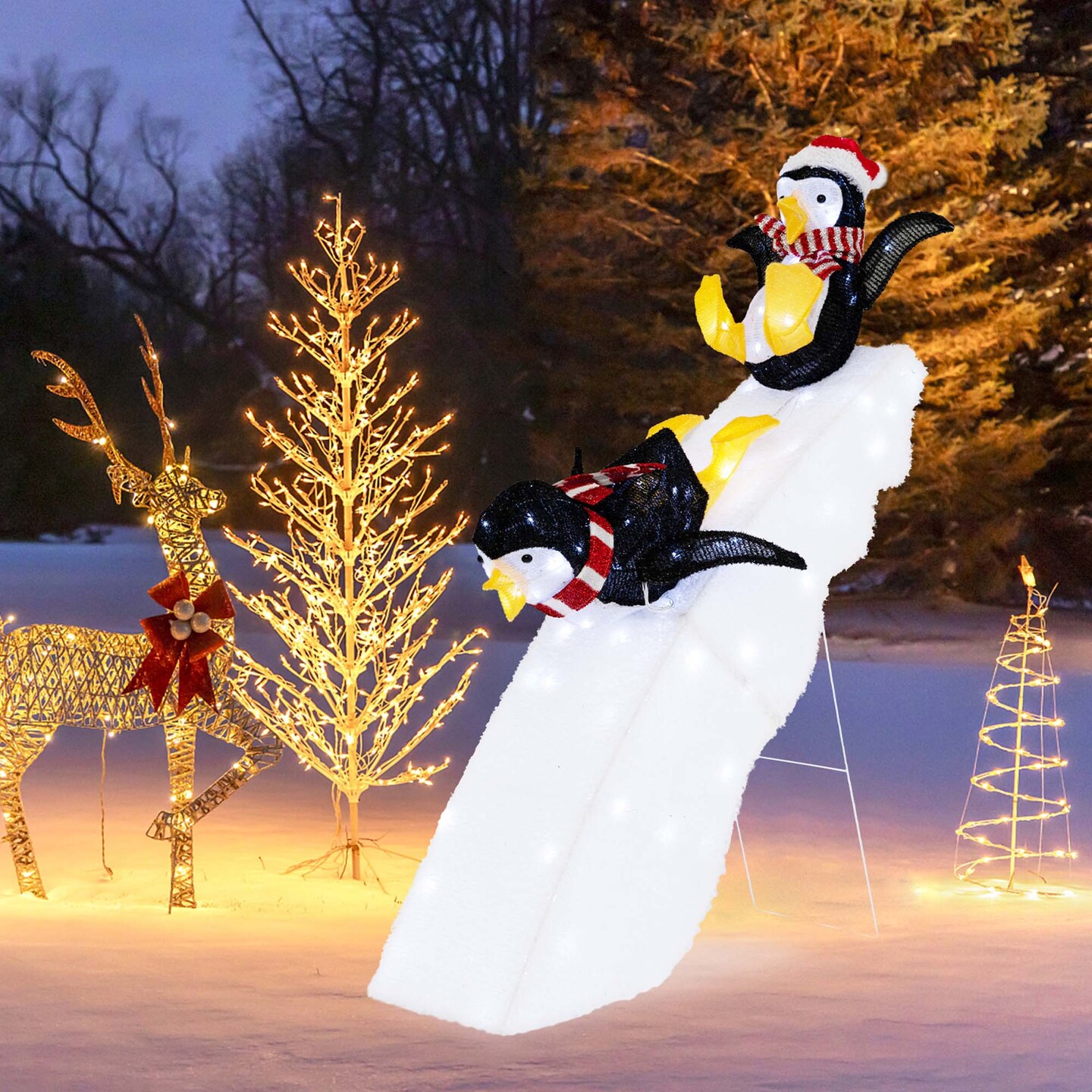 Costway 4FT Pre-Lit Christmas Penguin Ice Skating Decoration with Snowy Slide &#x26; LED Lights